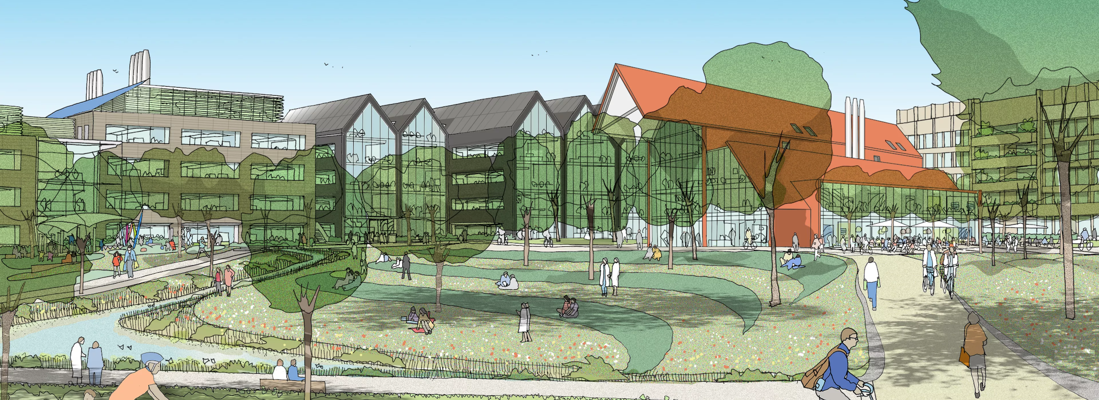 Oxford North's enhanced amenities, landscape and buildings - view across Central Park towards Red Hall, market square and workspace buildings