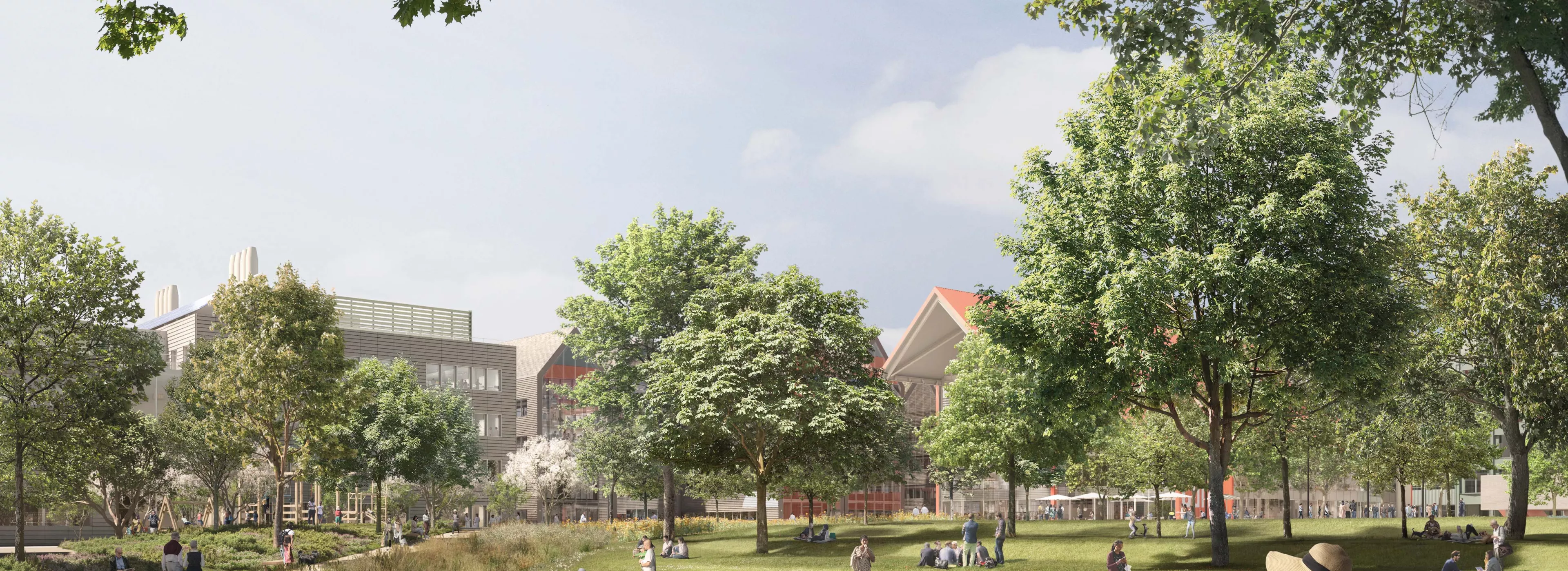 View across Oxford North's new central park Credit Oxford North, SecchiSmith, Fletcher Priest Architects
