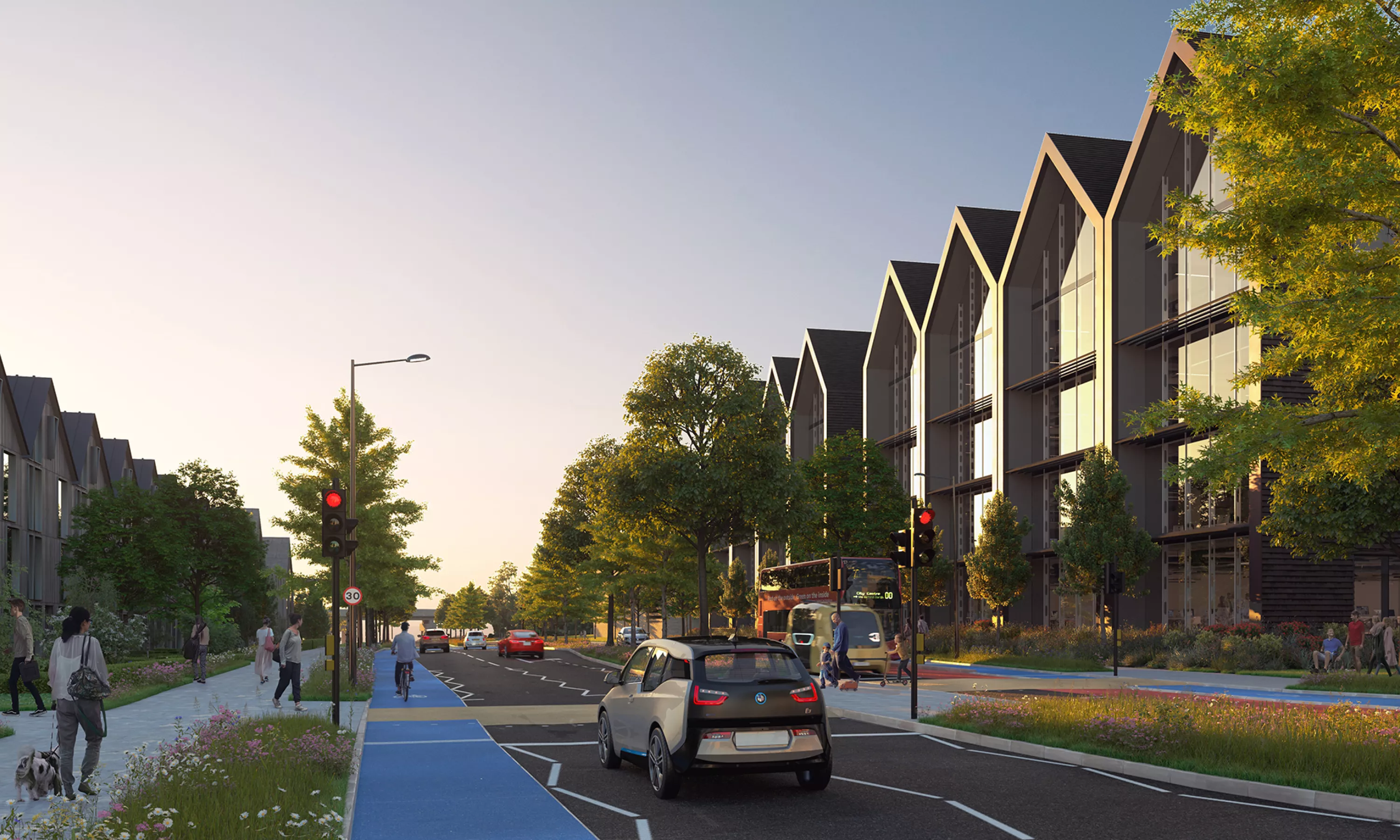CGI Oxford North A40 transformed into tree-lined street with £30m road infrastructure investment into the walking, cycling, bus and highway network