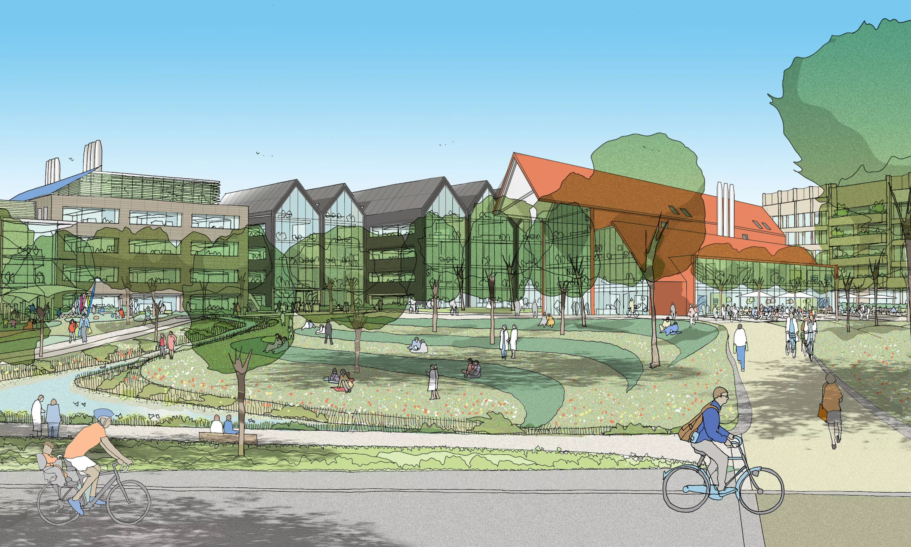 Oxford North's enhanced amenities, landscape and buildings - view across Central Park towards Red Hall, market square and workspace buildings